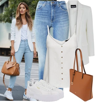Outfit sa SvjetloPlava/Plava Kožna Jakna/Čizma do Gležnja/Traperice s Rupom/Zimska jakna/Slip-on Traperice/Kožne Cipele/High Waist Traperice/Muška Kožna Jakna/Push-up Traperice/Traperice s Prorezom VERO MODA "Moderan look za proljeće"