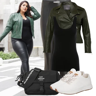 Outfit s Tmavě Zelená/Zelená Motorkářské Bund/Kožené Bund/Motorkářská bunda/Bunda z Umělé Kůže/Kožená vintage bunda ONLY Carmakoma "Jarní outfit"