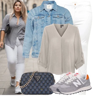 Outfit s Béžová/Šedá/Hnědá Halenkový Top/Halenka S 3/4 Rukávem/Kožená bunda/Tunikové Tričko/Slip-on Halenka/Otevřená Halenka/Oversize Muselínová Blůza/Blůza s nášivkou na lokti/Blůza s knoflíčkem/Oversize Halenka VERO MODA "Jarní outfit"