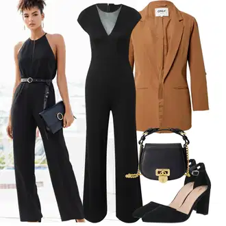 Outfit sa Crna/Siva Ljetni kombinezon/Plisirani kombinezon/Kombinezon s patentnim zatvaračem/Vjenčanje kombinezon/Kombinezon širokih nogavica/Svečani kombinezon/Elegantni kombinezon About You "Moderan look za proljeće"