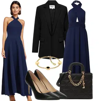 Matični ured Nevesta Outfit sa Tamnoplava Haljina sa halterima/Maksi Haljina/Haljina S Visokim Ovratnikom/Haljina s Prorezom/Duga Haljina/Haljina Matični ured svat VERO MODA "Za večer"Look: Večera, Rođendan, 50. rođendan, Bal, Matični ured, Gala
