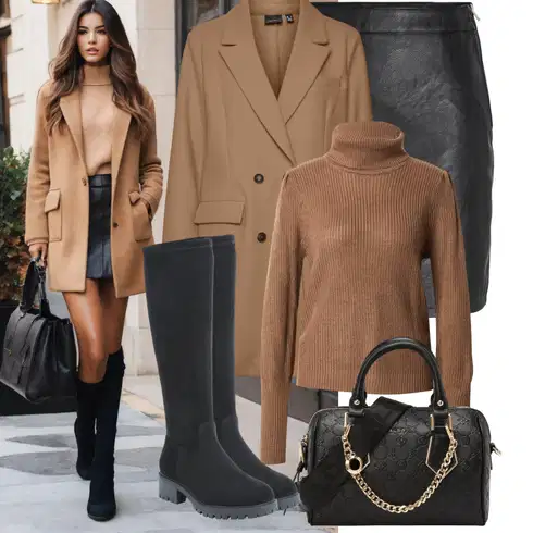 Kombinace Černá Kožená Sukně Kožená Minisukně/Kožená Sukně/Sukně z umělé kůže/Krátká Sukně jjxx kombinovat s Hnědá/Béžová Přechodový Kabát/Kabát z Kabanosu/Vlněný Kabát/Vlněný Kabát/Oversize Kabát/Lehký Kabát/Blazerový Kabát/Kašmírový Kabát/Frock Kabát VERO MODA