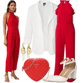 Outfit s Růžová/Červená/Tmavě červená Elegantní Overal/Overal s půlkulatým výstřihem/Letní Overall/Svatební kombinéza/Slavnostní Overall About You "Vzhledy pro volný čas"