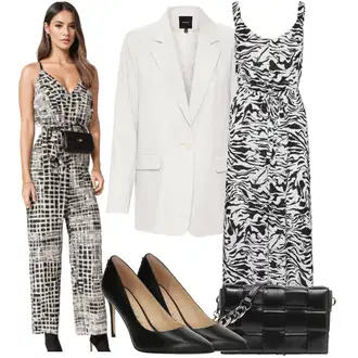 Outfit sa Siva/Bijela/Tamnosiva Ljetni kombinezon/Elegantni kombinezon/Plisirani kombinezon/Kombinezon s halterima/Kombinezon sa šljokicama/Vjenčanje kombinezon/Kombinezon širokih nogavica VERO MODA "Outfit za slobodno vrijeme"