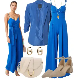Outfit s Modrá/Světle modrá Overal s půlkulatým výstřihem/Overal se širokými nohavicemi/Svatební kombinéza/Plisovaný overal/Elegantní overal/Letní overall Wal g. "Vzhledy pro volný čas"