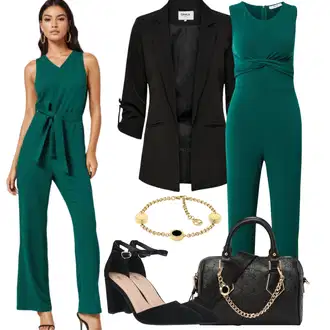 Outfit s Zelená/Tyrkysový/Tmavě Zelená Plisovaný Overal/Zimní Overal/Slavnostní Overall/Elegantní Overal/Svatební kombinéza/Overal s půlkulatým výstřihem/Letní Overall About You "Na večer"