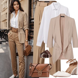 Outfit s Hnědá/Béžová/Khaki Zvonové Legíny/Rozšířené legíny/Rozšířená Kalhoty/Kalhoty se Štěrbinou/Kalhoty Bootcut/Zvonová Kalhoty florence by mills exclusive for about you "Harvardský obchodní styl"