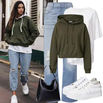 Outfit inspiracije Ljeto sa Bijela/Siva/Krem Tanka tenisica/Niska Tenisica/Kožna tenisica Puma, Svjetloplava/Tirkizna/Srebro/Bijela Kožna Jakna Tommy Hilfiger, Crna Torba Za Preko Ramena/Torbica/Torbica/baguette vrećica/Mala Torbica/Torba preko ramena/Torba za rame Armani Exchange, Unisex Majica S Kapuljačom mr. gugu & miss go, Krem/Bijela ONLY Carmakoma "Hip Hop odjeća iz 90-ih godina"