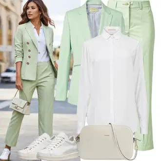 Ležerno Outfit sa Svjetlozelena/Zeleno Odijelo Oversize Sako/Kožna Jakna za Muškarce/Boyfriend Sako/Kožna jakna za muškarce/Kratki Sako Noisy may "Hlače Odijelo Odjeća Ležerno"Look: Pametno ležerno, Chic, Egirl, Šik, Transparentan, Ležerno, klasický