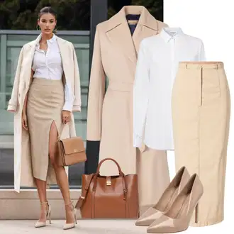 Outfit s Hnědá/Khaki/Béžová Midi Sukně/Sukně do Délky Lýtka/Pletená sukně/Tužková sukně/Sukně S Délkou Ke Kolenům/Moderní Sukně/Elastická Sukně Kaffe "Italský starý peníze vzhled"