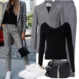 Outfit inspiracije Ured sa Zeleno/Tamnozelena/Siva nife, Smeđa/Siva/Zeleno/Ljubičasta/Bijela/Plava Boucle Blazer/Karirani Sako Trendyol "Izgled jesenskog odijela s hlačama"Look: GoGo, Ured, Pametno ležerno, Irski, Poslovni, Ležerno, cool, Preodjeven, moderne, Egirl, Francuske