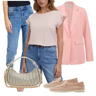 Elegantní Outfit s Modrá Boyfriend Džínové kalhoty/Mom Jean/Zkrácené Džíny/Džíny Volného Střihu/Dad Džíny/Zužující se Džíny/Girlfriend Džíny/Kožená bunda/Formální Košile orsay "Jarní Outfit"Look: Trendový, Šik, GoGo, Elegantní, Klasické, Ležérní, Egirl