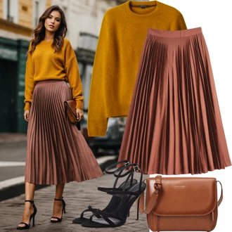Badminton outfit mit Bež/Khaki/Rjava/Bela Kratka plisirana krila/Študentsko Krilo/Moderno krilo/Krilo A-linije Trendyol "Jesenska obleka s plisirano krilo in pulover"Look: Badminton, Golf, Tenis