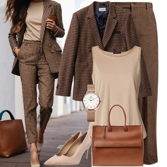 Outfity pro matriční úřad Podzim s Hnědá/Béžová Kožená Pánská Bund/Kostkované Sako/Tvídové Sako/Kožená bunda pro muže/Kožená bunda Lascana, Hnědá/Fialová/Béžová Karierte Kalhoty/Mušelínové kalhoty/Flanelová Kalhoty/Tvídová Kalhoty Only "Károvaný oblek s kalhotami"