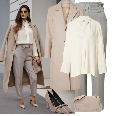 Kombinace Bílá/Béžová/Oranžová/Khaki Halenkové Body/Kožená bunda pro muže/Dlouhá Halenka/Halenka s Dlouhým Rukávem/Oversize Halenka/Oversize Muselínová Blůza/Slip-on Halenka/Tunikové Tričko Minimum kombinovat s Šedá/Béžová/Světle šedá/Khaki Obleková Kalhoty/Business Kalhoty/Mušelínové kalhoty/Kalhoty s Vysokým Pasem/Plisovaná Kalhoty/Plisovaná kalhoty/Kalhoty se Štěrbinou/Paperbag Kalhoty/Kalhoty s nášivkou uprostřed Edited