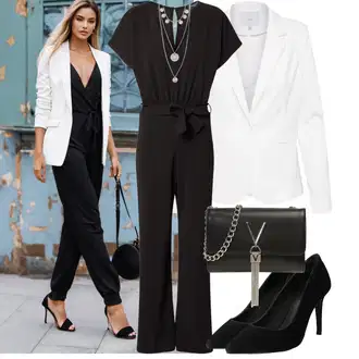 Outfit sa Crna Kombinezon širokih nogavica/Ljetni kombinezon/Kombinezon s patentnim zatvaračem/Elegantni kombinezon/Plisirani kombinezon/Vjenčanje kombinezon/Svečani kombinezon Sisters Point "Moderan look za proljeće"