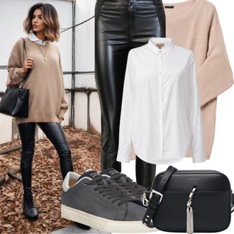 Inspirace pro outfity Old Money s Černá Kalhoty z Umělé Kůže/Legíny Kožený Vzhled/Kožený legíny/Vinylový Legín/Kožená Kalhoty/Skinny Kalhoty JdY, Černá/Hnědá Taška/Klasická Taška Přes Rameno/Brašna/Sportovní Taška Přes Rameno About You "Klub Nevzácný Outfit"Look: Styl, Cool, Old Money, Bezešvé, Techno, S Mokrým Vzhledem, Rad, Šik, Klasické, Elegantní, Kancelář, Vintage