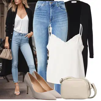 Outfit s Světle modrá/Modrá Kožená bunda/Džíny s Rozparkem/Džíny s Dírou/Zimní bunda/Push up Džín/High Waist Džínové Kalhoty/Navlékací džíny/Kotníková Bota/Kožené Boty/Kožená Pánská Bund VERO MODA "Skvělý pro volný čas"