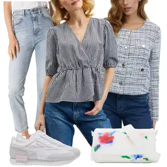 3/4 Rukavi Outfit sa Siva/Plava Omotana Bluza/Plisirana Bluza/Razigrana Bluza/Bluza Vrh/Carmen Bluza/Bluza s Mašnom/Bodija Bluze/Bluza s Leptir Mašnom/Bluza s Puf Rukavom/Bluza Kratkih Rukava zoot.lab "Lagani proljetni outfiti"