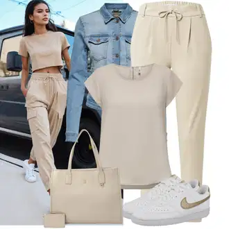 Outfit sa Bijela/Plava/Krem/Zlatni Kožna Tenisica/Niska Tenisica/Skate cipela/Tanka Tenisica/Vintage Tenisica Nike Sportswear "Moderan outfit za slobodno vrijeme"