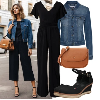 Outfit sa Crna Vjenčanje kombinezon/Elegantni kombinezon/Plisirani kombinezon/Kombinezon širokih nogavica/Svečani kombinezon/Ljetni kombinezon About You "Moderan look za proljeće"