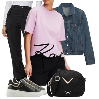 Outfit s Tmavě zelená/Černá/Hnědá/Bílá Kožené tenisky/Teniska na platformě/Nízká Teniska Armani Exchange "Lehký outfit"