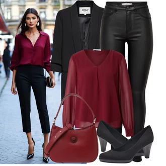 Elegantní Outfit s Tmavě červená/Vínová/Červená Elegantní Halenka/Halenkový Top/Kožená bunda/Průhledná blůza/Hedvábná Halenka/Halenka s Dlouhým Rukávem About You "Business Casual"Look: Styl, Elegantní, Italský, Mom, Kancelář, Old Money, Romantický, S průsvitem