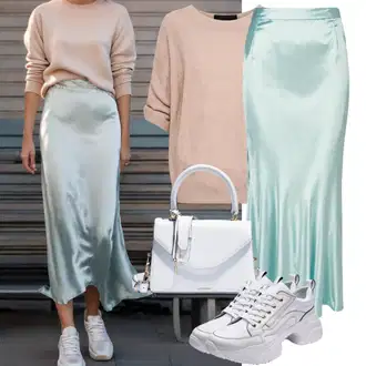 Cool outfity Móda pro plnoštíhlé s Světle modrá/Modrá Koktejlová Sukně/Moderní Sukně/Midi Sukně/Vázací Sukně/Sukně do Délky Lýtka/Tužková sukně/Dlouhá Sukně/Sukně Pro Matriku/Sukně Pro Svatebního Hosta/Maxi sukně karl lagerfeld "Měkký outfit s saténovými sukněmi a svetrem"