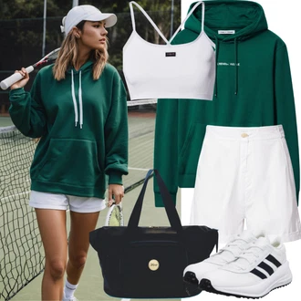 Outfiti Za Golf Poletje mit Svetlo zelena/Zelena Pulover s kapuco s pol zadrgo/Jopica iz flisa/Športni pulover/Fleece pulover/Prevelik pulover s kapuco na zadrgo/Women's Pullovers with Stand-up Collar Adidas, Črna/Rjava/Mešane barve/Bela Kratka Hlača/Mrežasta kratka hlača/Paperbag-kratke hlače/Baggy kratke hlače/Kratke trenirke Adidas Originals, Debele Superge yaya by hotiç, Bela/Rjava Top za plažo/Bustier top/Odrezana majica brez rokavov/Kratki top/Oblačila za plažo Tommy Jeans, Oranžna/Črna/Rdeča Potovalna torba s kolesom/Športni nahrbtnik/Torba za telovadnico grit "Mestni Športni Outfit"