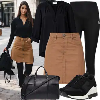 Outfit inspiracije Ljeto sa Plava/Svjetloplava/Smeđa Mini Suknja/Traper Suknja/Suknja Iz 90-ih/Vintage traper suknja GAP, Crna Tenisica s platformom/Debele Tenisice Big Star, Crna Trapez Tajice/Tajica Zvonolikog Kroja about you rebirth studios , Crna Košulja od muslina/Poslovna košulja/Poslovna košulja/Košulja koja se ne pegla/Ležerna košulja Pull&Bear, Crna Torba Vuch "Moderan izgled s traper suknjama i tajicama"