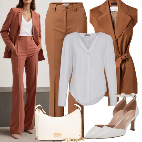 Kombinace Dlouhé Khaki/Hnědá/Tmavě hnědá/Oranžová Široká Kalhoty/Marlene Kalhoty/Paperbag Kalhoty/Mušelínové kalhoty/Kalhoty s Vysokým Pasem/Kalhoty se Štěrbinou/Twillová Kalhoty/Obleková Kalhoty bella x about you