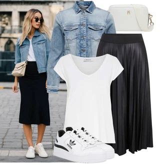 Elegantní Outfit s Černá/Šedá/Tmavě šedá Sukně do Délky Lýtka/Křesťanská Sukně/Dlouhá Sukně/Maxi sukně/Midi Sukně/Moderní Sukně/Plisovaná sukně/Sukně Pro Matriku Vila "Stylové kombinace pro volný čas"Look: Business, Cool, Disko, Elegantní, S Metall, Krásný, Old Money, Nadrozměrné, Klasické, 60. Let