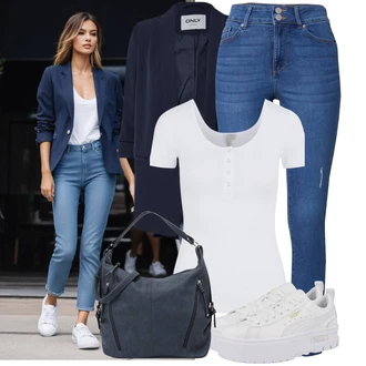 Outfit s Modrá/Tmavě Modrá Džíny s Dírou/Kožené Boty/Džíny s Rozparkem/Kožené bundy/Push up Džín/Kotníková Bota/High Waist Džínové Kalhoty/Kožená bunda/Zimní bunda/Dámské Džíny s Délkou 7/8 VERO MODA "Skvělý pro volný čas"