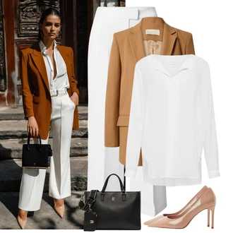 Outfit s Šedá/Bílá/Krémová Business Kalhoty/Obleková Kalhoty/Marlene Kalhoty/Kalhoty se Štěrbinou/Plisovaná kalhoty about you x iconic by tatiana kucharova "Elegantní vzhled"