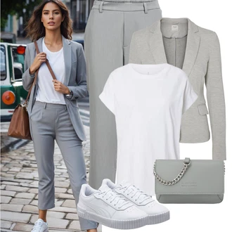Outfit s Šedá/Světle šedá Boyfriend Kalhoty/Business Kalhoty/Plisovaná kalhoty/Obleková Kalhoty/Pohodlná Kalhoty/Rovná Kalhoty/Bengaline Kalhoty/Kalhoty s nášivkou uprostřed/Navlékací Kalhoty Object "Jarní outfit"