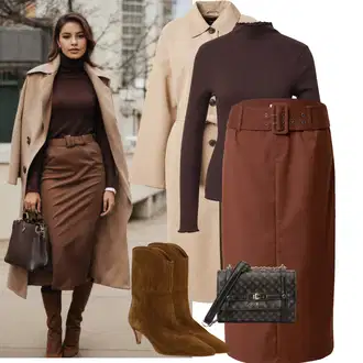 Elegantní outfity Podzim s Béžová/Hnědá/Khaki Přechodový Kabát/Trenčkot/Kašmírový Kabát/Midi Kabát/Trenčkot/Vlněný Kabát/Lodenový kabát VERO MODA, Hnědá Vintage Kotníková Bota/Vintage kozačka/Westernová Kotníková Bota/Klasická kozačka/Špičatá Kozačka/Kovbojská kotníková bota About You "Elegantní vzhled"