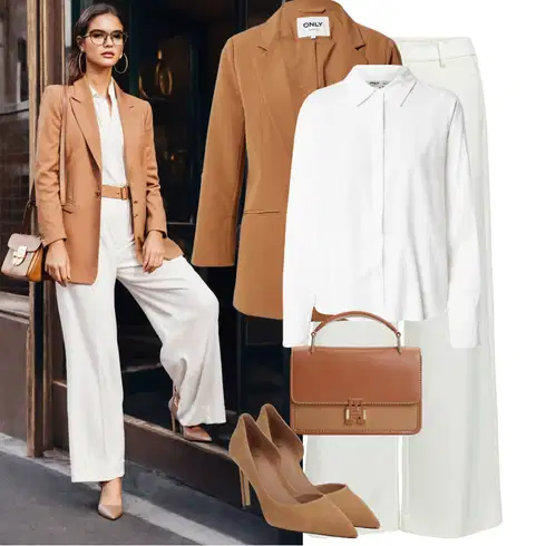 Kombinace Krémová/Šedá/Světle zelená/Khaki/Bílá/Béžová Široká Kalhoty/Palazzo Kalhoty/Kalhoty s Vysokým Pasem/Culotte Kalhoty/Kalhoty se Štěrbinou/Marlene Kalhoty Object kombinovat s Bílá/Krémová Halenka Žehlení odolná blůza/Halenka se Stojatým Límcem/Slip-on Halenka/Halenka s Dlouhým Rukávem/Businessová Halenka/Blůza s knoflíčkem/Halenkové Body Only