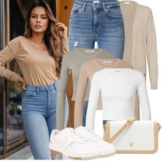 Venkovní Outfit s Béžová/Khaki Zkrácený Top/Krátký Top/Košile s dlouhým rukávem/Jednoduchý top About You "Jarní outfit"Look: Mom, Venkovní, Bezešvé, Skater, Univerzitní