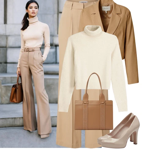 Kombinace Béžová/Khaki Široká Kalhoty/Mušelínové kalhoty/Palazzo Kalhoty/Paperbag Kalhoty/Kalhoty se Štěrbinou/Kalhoty s Vysokým Pasem/Marlene Kalhoty Edited kombinovat s Bílá/Krémová/Béžová/Khaki Sveter Basic Svetr/Kašmírový Svetr/Jednoduchý Svetr/Rolák/Svetr s límečkem bershka