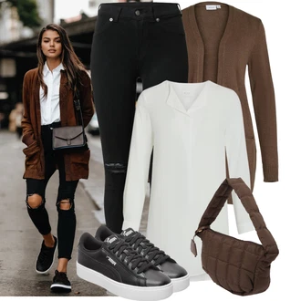 Výstřih na ramena Outfit s Béžová/Hnědá/Šedá/Khaki Pletenina veľkej veľkosti/Kabát Vila "Volnočasový outfit na jaro"
