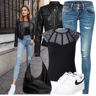 Outfit s Modrá/Tmavě modrá/Světle modrá Džíny s Dírou/Patchworkové Džíny/Kožená Pánská Bund LTB "Praktický vzhled"
