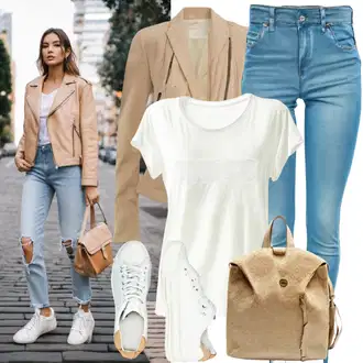 Outfit sa Bež/Smeđa Kožna Jakna/Vintage Jakna/Bajkerska Jakna/Jakna od Umjetne Kože/Motociklistička jakna/Kratka Jakna/Jakna s Patentnim Zatvaračem sa strane/Crop Jakna/Vintage Kožna Jakna Only "Najbolji ležerni stil"