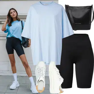 Outfit Inspo Poletje mit Rdeča/Roza/Črna Kolesarske kratke hlače Adidas by Stella McCartney, Bela/Bež/Rjava/Krem/Khaki/Zelena Usnjene superge/Superge Nizka/Ozka superga/Superge Luknjasta/Poletne superge Furla, Črna Nakupovalna torba/Men's Bags/Nakupovalka/Velika torba/Vrečka za prenašanje/Vrečka iz blaga Marc O'Polo, Črna/Bela/Krem/Svetlo modra Majica s kratkimi rokavi/Majica s potiskom/Oversized majica s kratkimi rokavi/Lepa Majica/Grafična majica/Tiskana majica/Pletena majica karl lagerfeld "Najboljši videz s prevelikimi majicami in kolesarskimi hlačami"