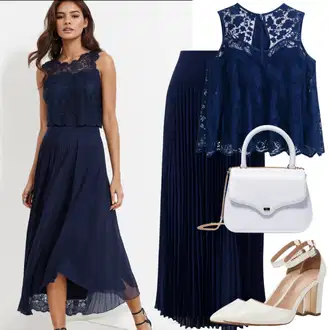 Elegantní outfity Matriční úřad s Modrá/Tmavě modrá Dlouhá Sukně/Vintage sukně maxi/Křesťanská Sukně/Sukně do Délky Lýtka/Sukně Pro Matriku/Maxi sukně/Italská Sukně/Midi Sukně/Plisovaná sukně Dorothy Perkins "Nejlepší vzhled s krajkovými topy a plisovanými sukněmi"Look: Bar, Koncert, Škola, Zvláštní příležitosti, Divadlo, Matriční úřad