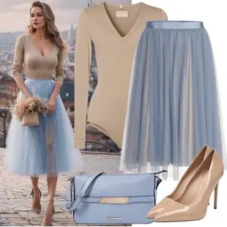 Outfits opera mit Svetlo Modra/Modra Midi krilo iz tila Trendyol, Temno Modra/Modra Torba za čez ramo/Satchel torba/Torbica za mobilni telefon/Mini torbica/Billfold/Torba za čez ramo/Torbica za čez ramo/Torbica za okrog pasu himawari "Nežen outfit s bodiji in tilnimi krili"