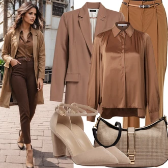 Outfit s Oranžová/Hnědá/Červená Pletené tričko/Flanelová košile/Károvaná Košile/Zkrácený Top/Košilová Blůza city donna "Obchodní vzhled bez šaty"