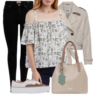 Outfit sa Bijela/Smeđa/Menta zelena Otvorena Bluza/Carmen Bluza/Bluza s Volanima/Bluza Vrh/Bluza/Crash Bluza/Bluza Kratkih Rukava/Razigrana Bluza/Bluza s Uzorkom/Bluza s Printom/boho Bluza camaieu "Odjevna kombinacija za"
