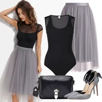 Outfity pro operu Kancelář Pracovní s Černá/Hnědá Taška/Klasická Taška Přes Rameno/Brašna/Sportovní Taška Přes Rameno About You "Okouzlující Outfit s body a tylovými sukněmi"Look: Rad, Šik, Klasické, Elegantní, Cool, Kancelář, Old Money, Vintage, Volný čas, Pracovní, Jízda na koni