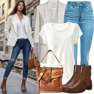 Elegantan Outfit sa Bijela/Smeđa/Ljubičasta/Krem Sako Jakna/Dvoredni Sako/Sakoi za Bluzu/Kožna jakna za muškarce/Kratki Sako/Elegantni Sako/Kožna jakna za muškarce/Sako od smokinga/Boyfriend Sako Trendyol "Opuštena klupska odjeća"Look: Ured, Šik, Chic, Elegantan, Poslovni, Old Money, Pametno ležerno, klasický, Egirl, Burleska, Seksi