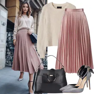 Outfit sa Pink Suknja Za Matični Ured/Suknja Iz 80-ih/Kratka plisirana suknja/Talijanska Suknja/Suknja Iz 90-ih/Kršćanska Suknja JACQUELINE De YONG "Opuštena odjevna kombinacija s plisiranom suknjom i puloverom"